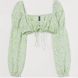 🌼 H&M Divided Women’s Green Floral Cropped Long Sleeve Tie Front Top S